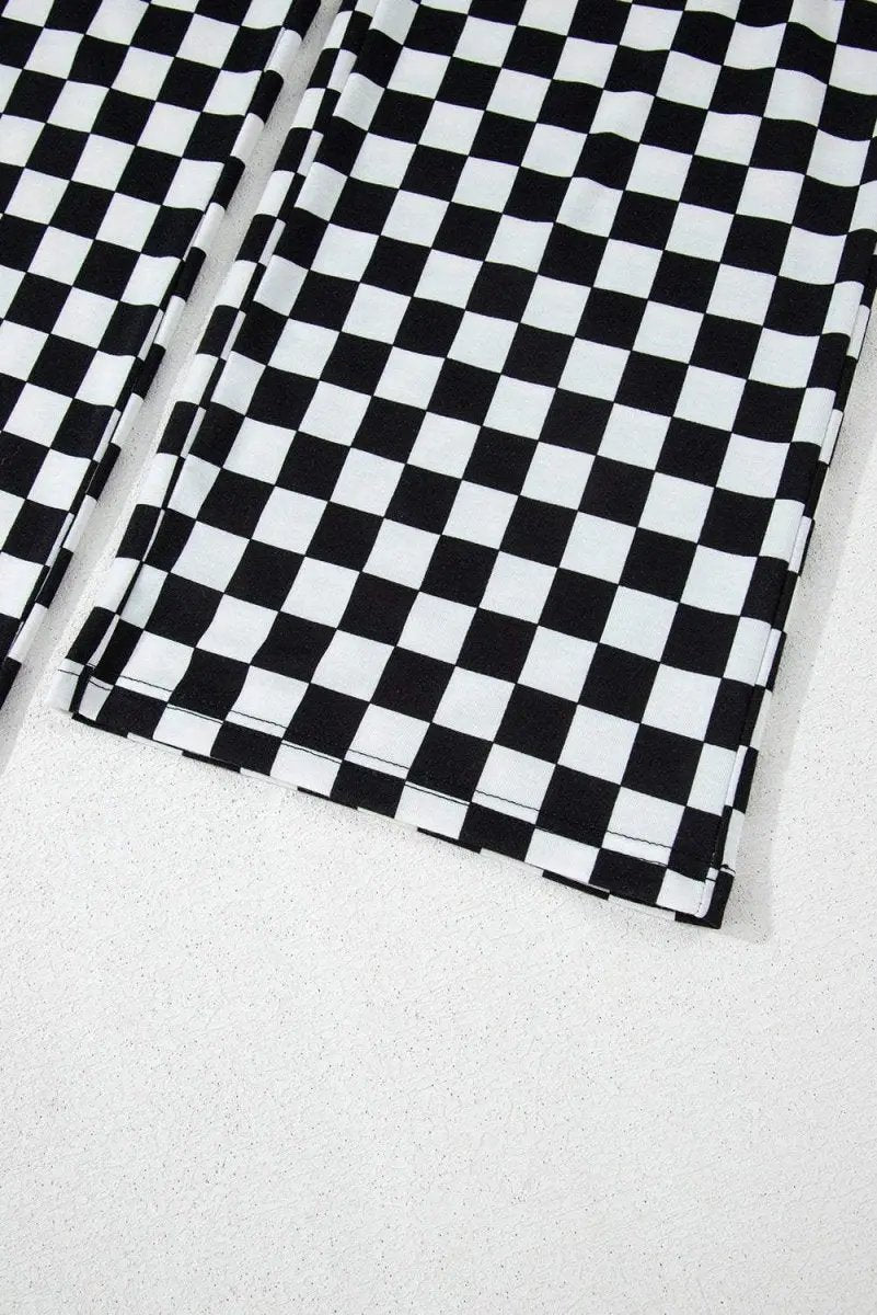 Black Checkered Print Long Sleeve Top and Pants Lounge Set - Love Salve 