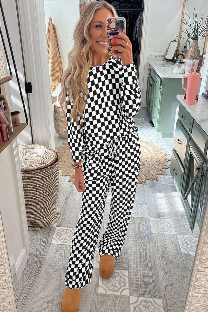 Black Checkered Print Long Sleeve Top and Pants Lounge Set - Love Salve 