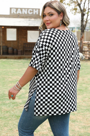Black Checkered Print Side Slits O Neck Plus Size T Shirt for Women - Love Salve 