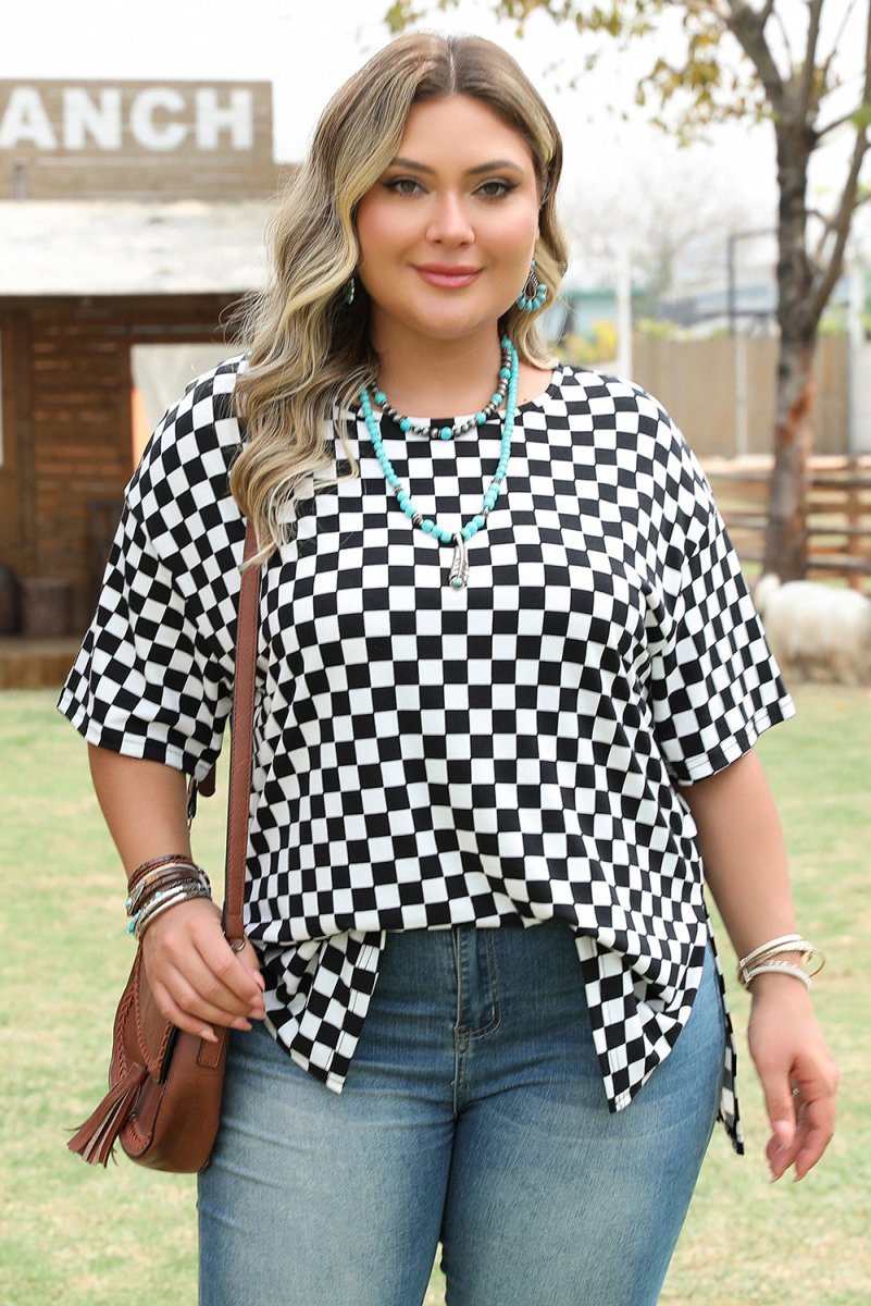 Black Checkered Print Side Slits O Neck Plus Size T Shirt for Women - Love Salve 