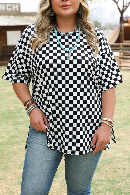 Black Checkered Print Side Slits O Neck Plus Size T Shirt for Women - Love Salve 