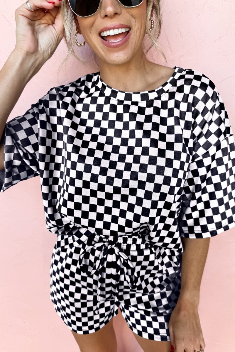 Black Checkered Top and Short Casual 2pcs Set for Women - Love Salve 
