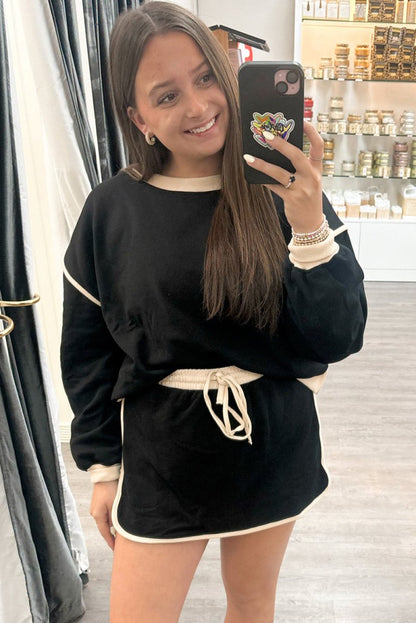Black Color Contrast Loose Pullover and Lace-up Waist Skort Set - Love Salve 