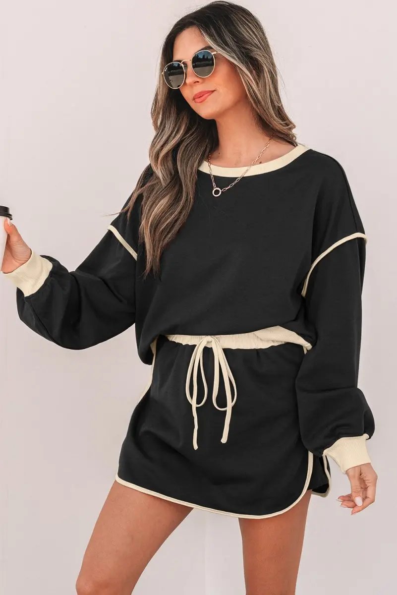 Black Color Contrast Loose Pullover and Lace-up Waist Skort Set - Love Salve 