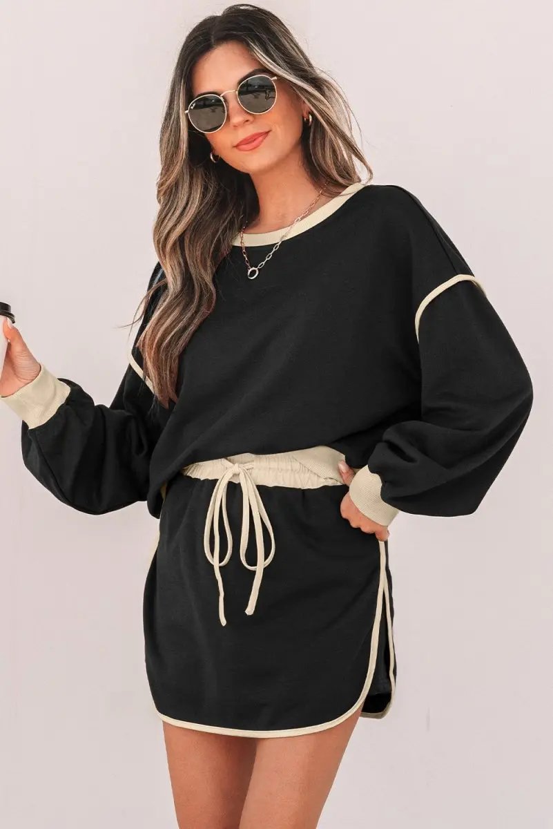 Black Color Contrast Loose Pullover and Lace-up Waist Skort Set - Love Salve 