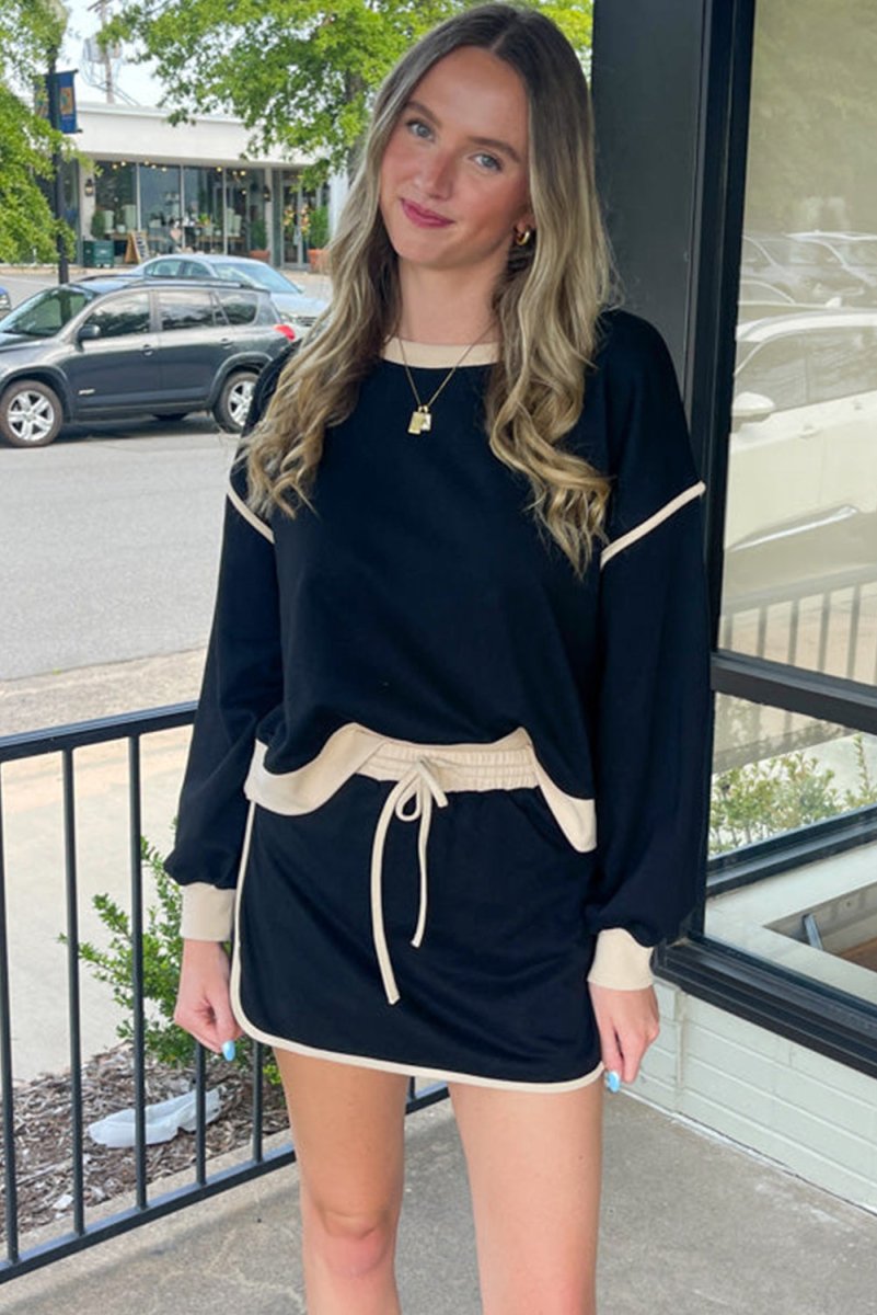 Black Color Contrast Loose Pullover and Lace-up Waist Skort Set - Love Salve 
