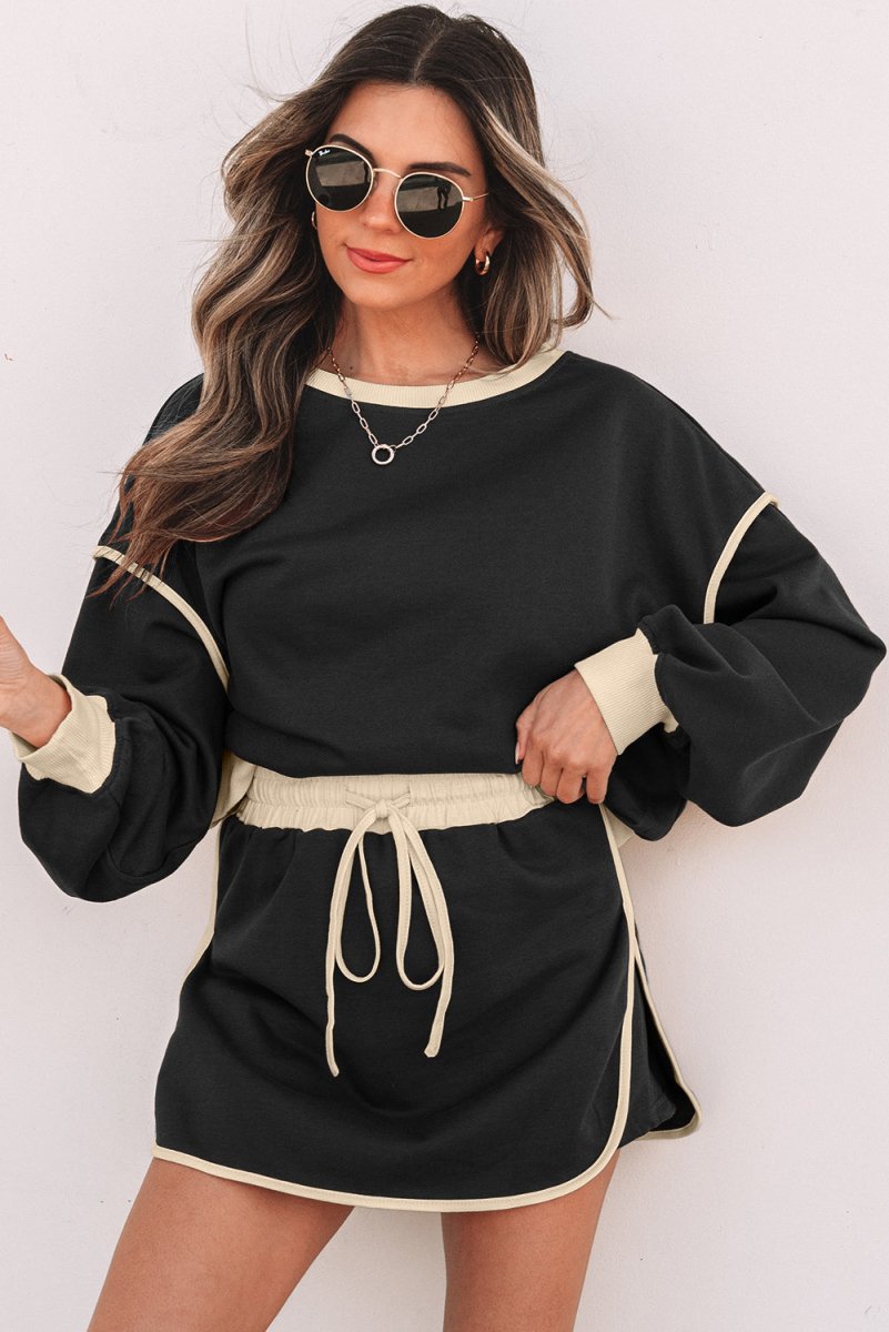 Black Color Contrast Loose Pullover and Lace-up Waist Skort Set - Love Salve 