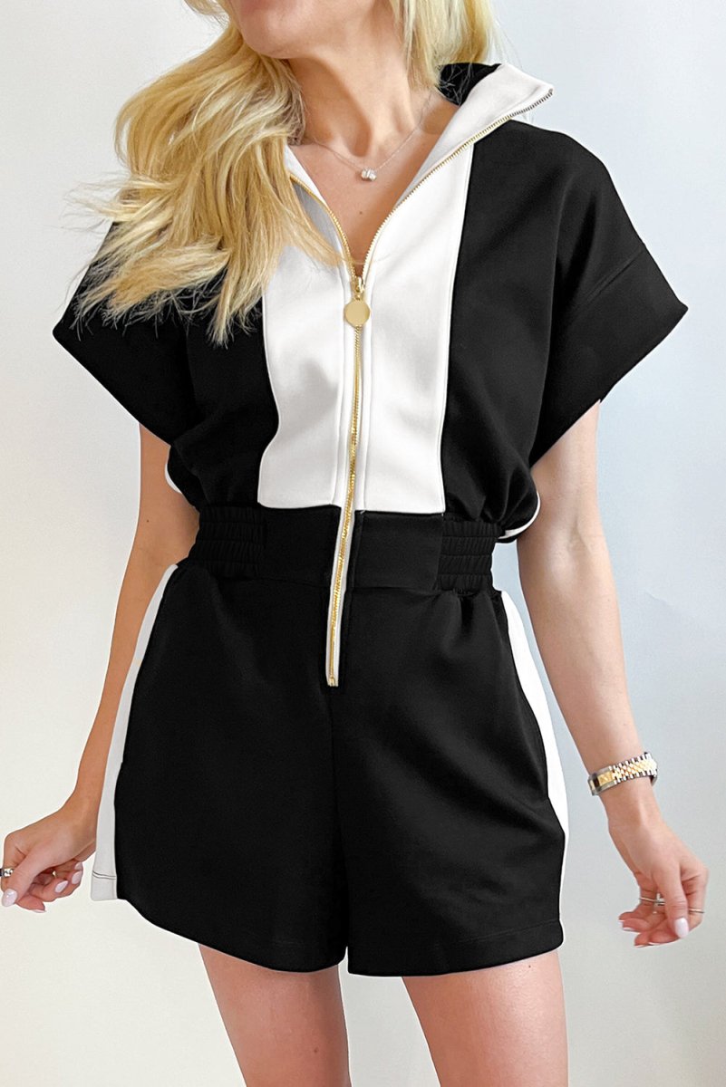 Black Contrast Collar Patchwork Zip Front Romper for Women - Love Salve 