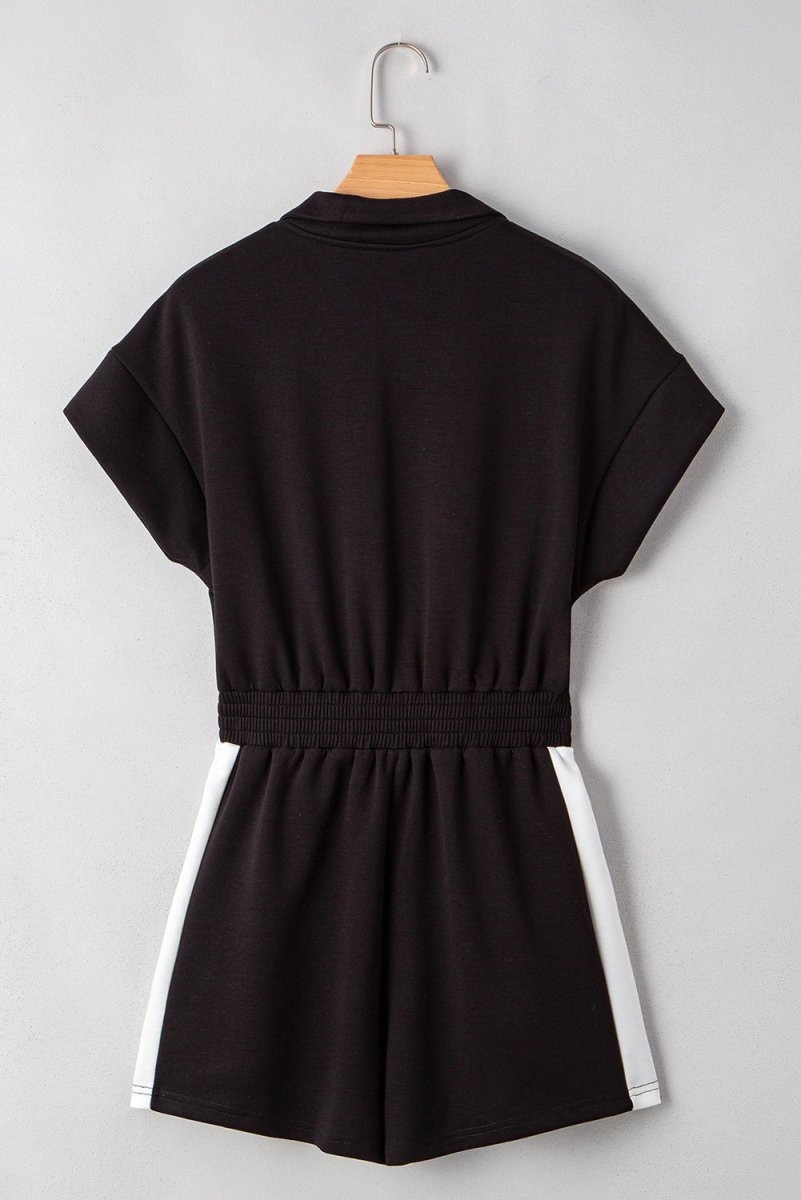 Black Contrast Collar Patchwork Zip Front Romper for Women - Love Salve 