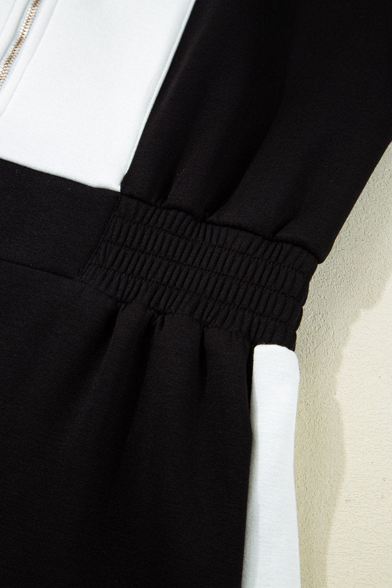 Black Contrast Collar Patchwork Zip Front Romper for Women - Love Salve 