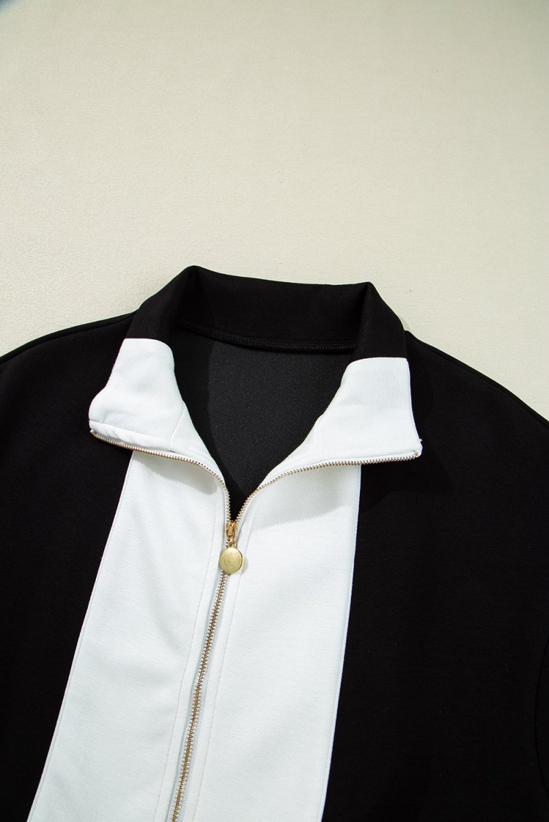 Black Contrast Collar Patchwork Zip Front Romper for Women - Love Salve 