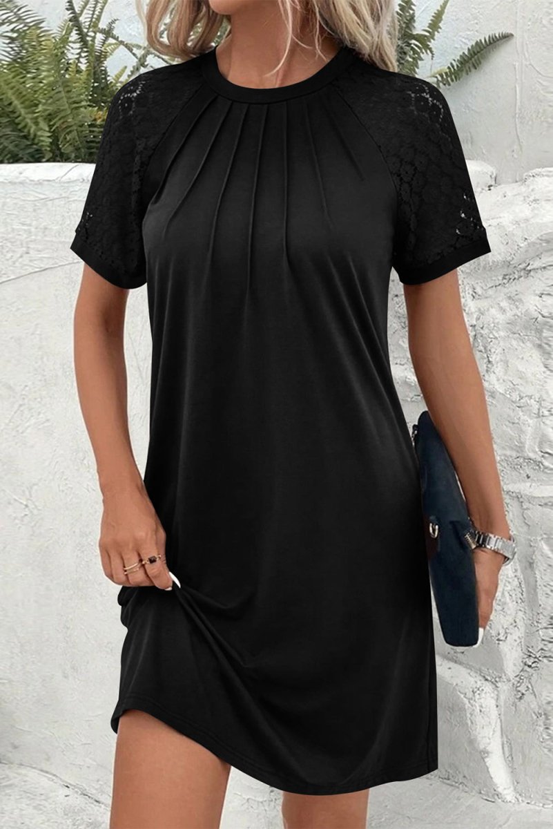 Black Contrast Lace Raglan Sleeve Pleated Detail Shift Dress - Love Salve 