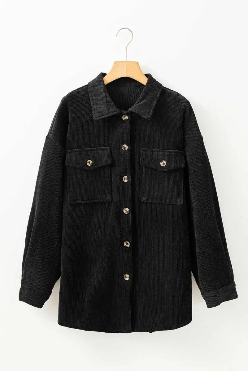 Black Corduroy Flap Pocket Button Up Shacket - Love Salve 