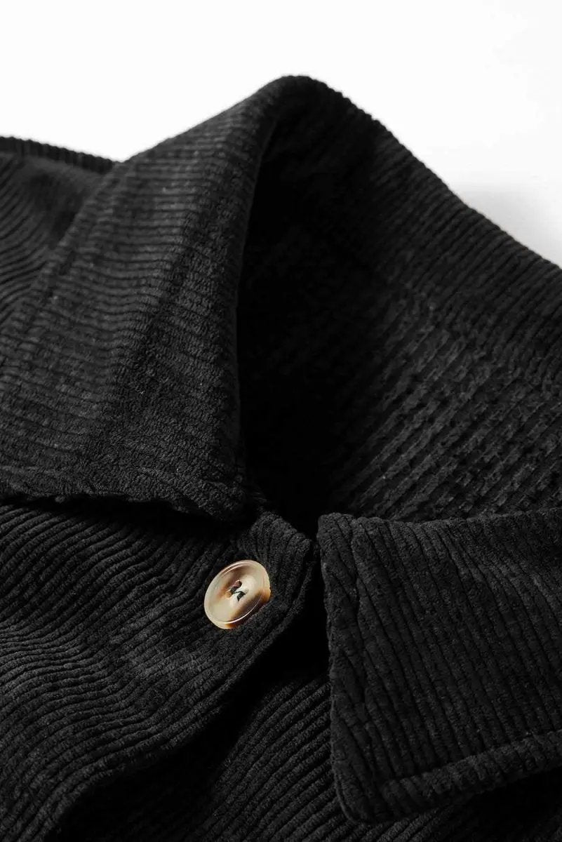 Black Corduroy Flap Pocket Button Up Shacket - Love Salve 