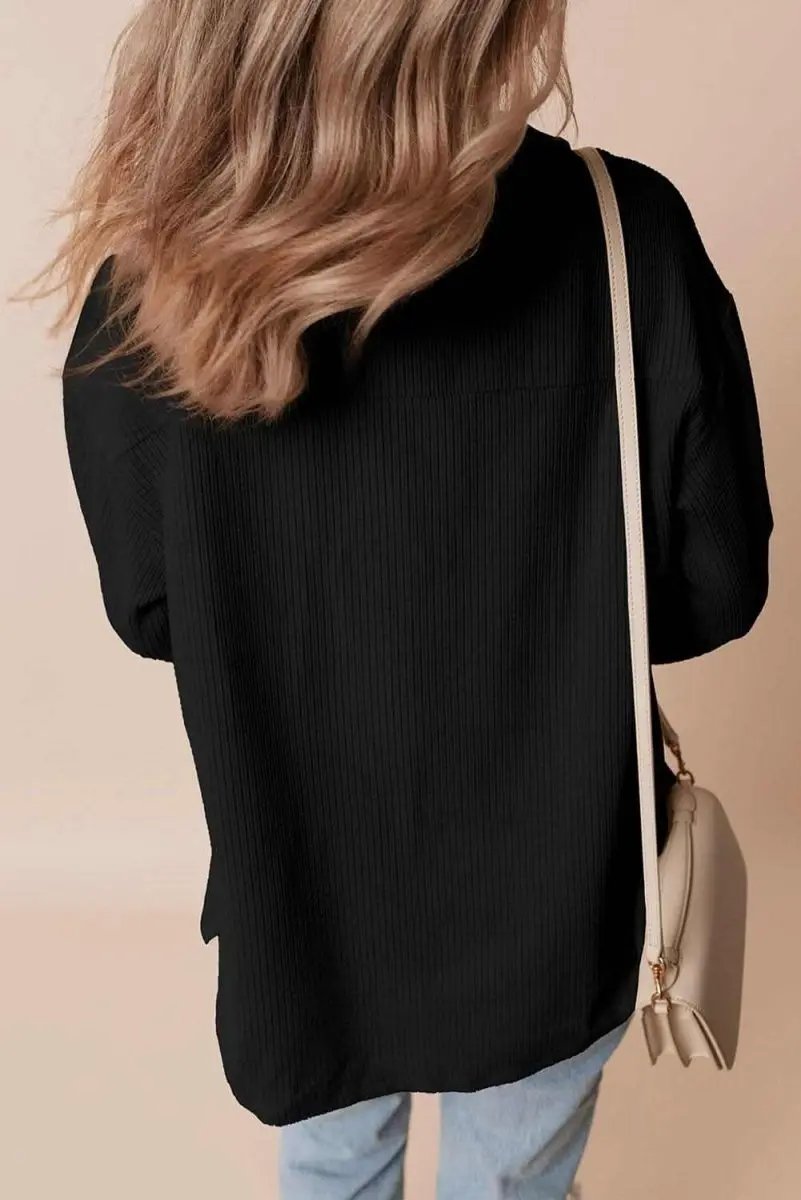 Black Corduroy Flap Pocket Button Up Shacket - Love Salve 