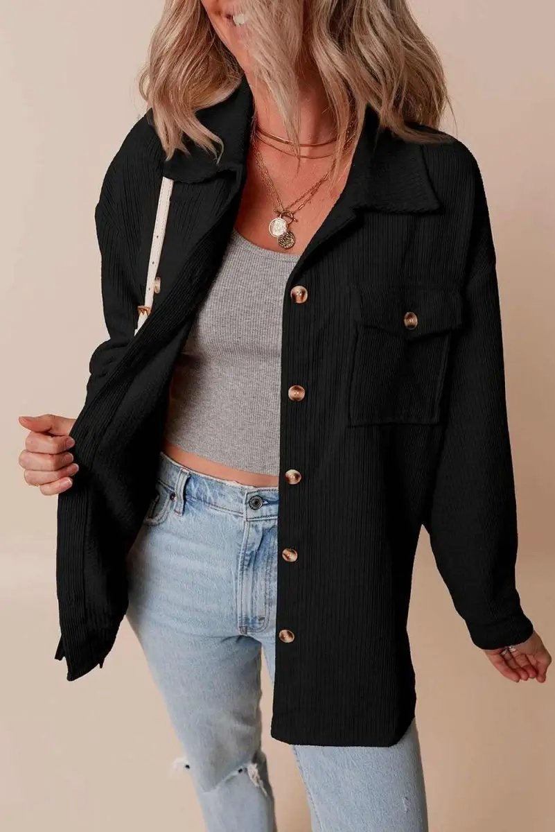 Black Corduroy Flap Pocket Button Up Shacket - Love Salve 
