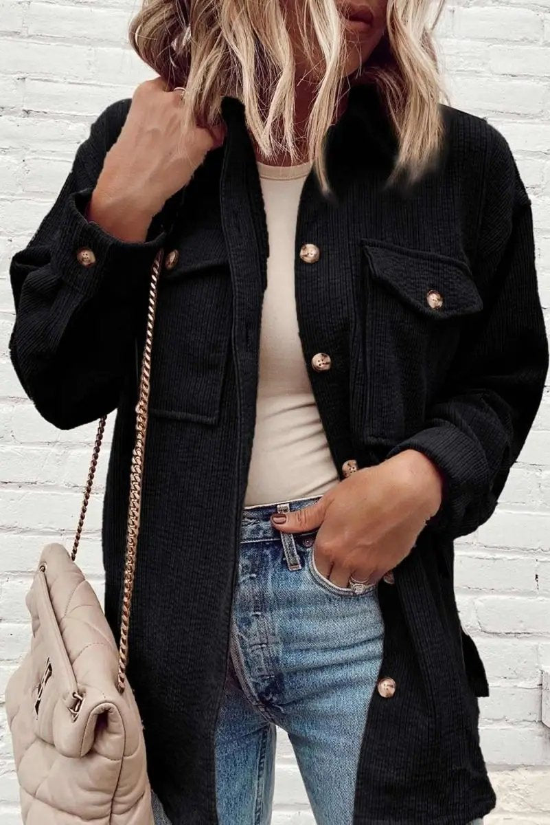 Black Corduroy Flap Pocket Button Up Shacket - Love Salve 