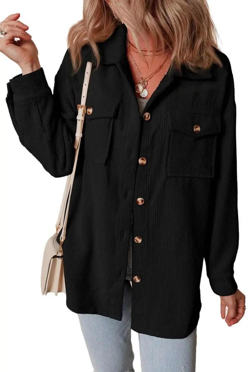 Black Corduroy Flap Pocket Button Up Shacket - Love Salve 