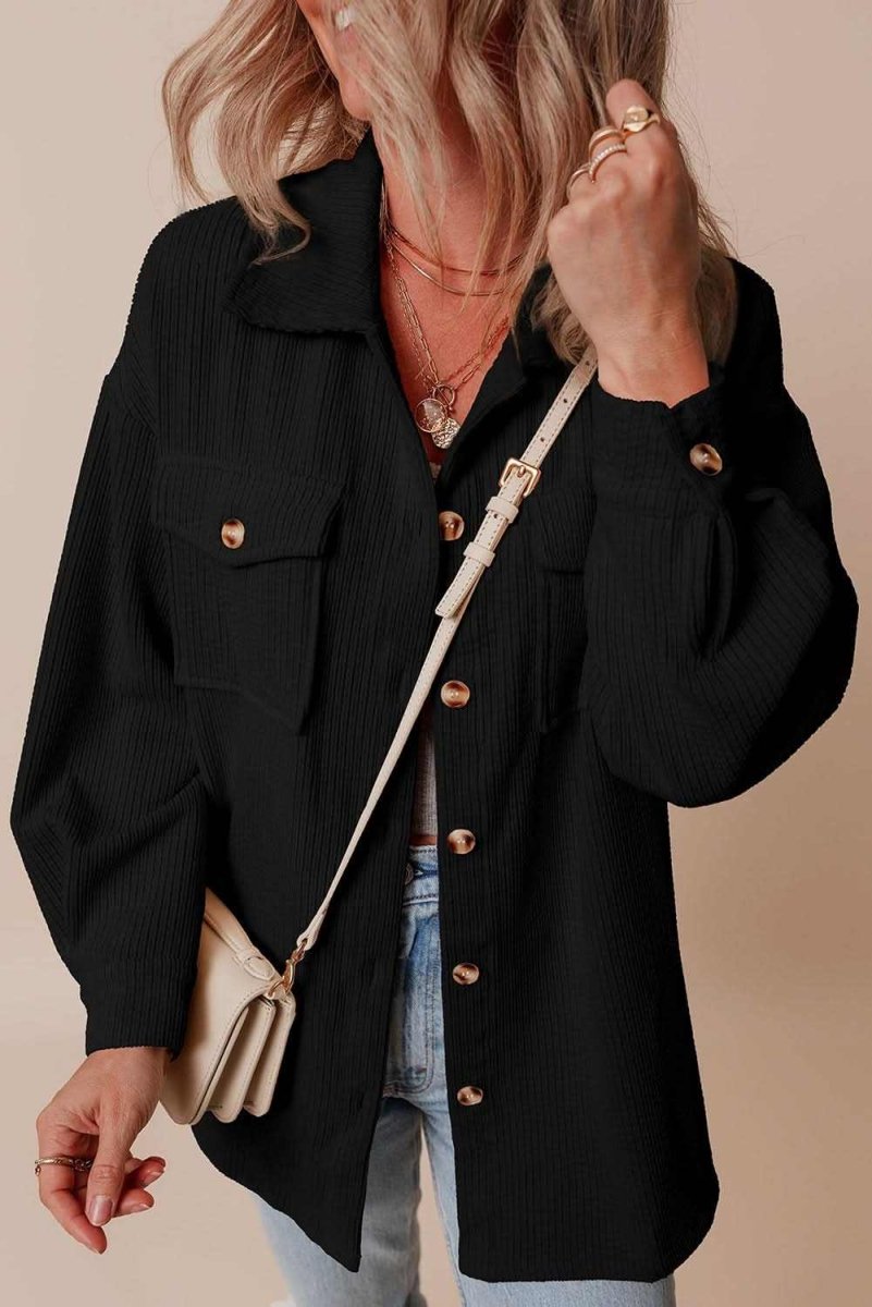 Black Corduroy Flap Pocket Button Up Shacket - Love Salve 
