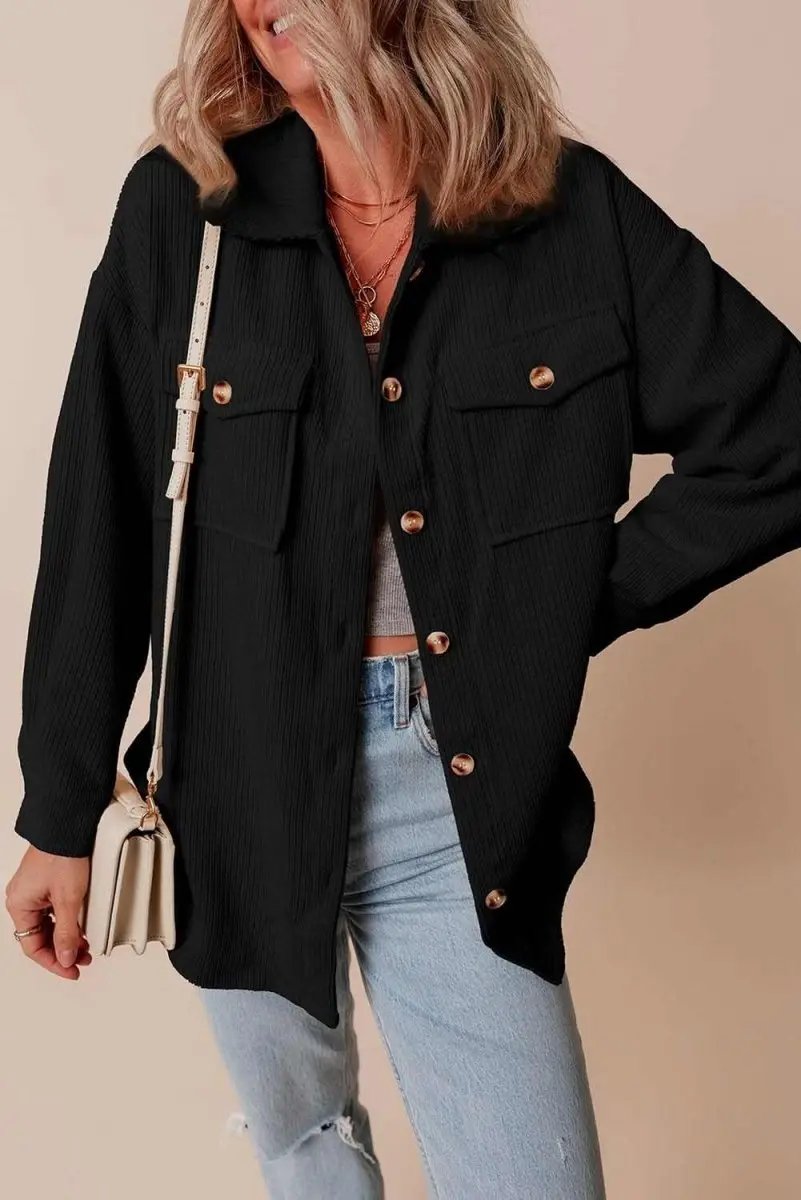Black Corduroy Flap Pocket Button Up Shacket - Love Salve 