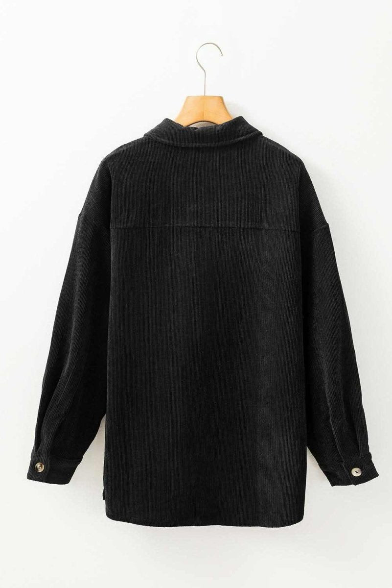 Black Corduroy Flap Pocket Button Up Shacket - Love Salve 