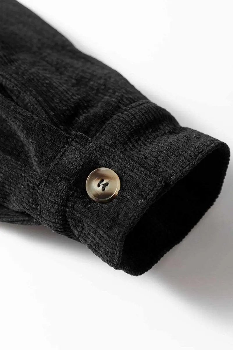 Black Corduroy Flap Pocket Button Up Shacket - Love Salve 