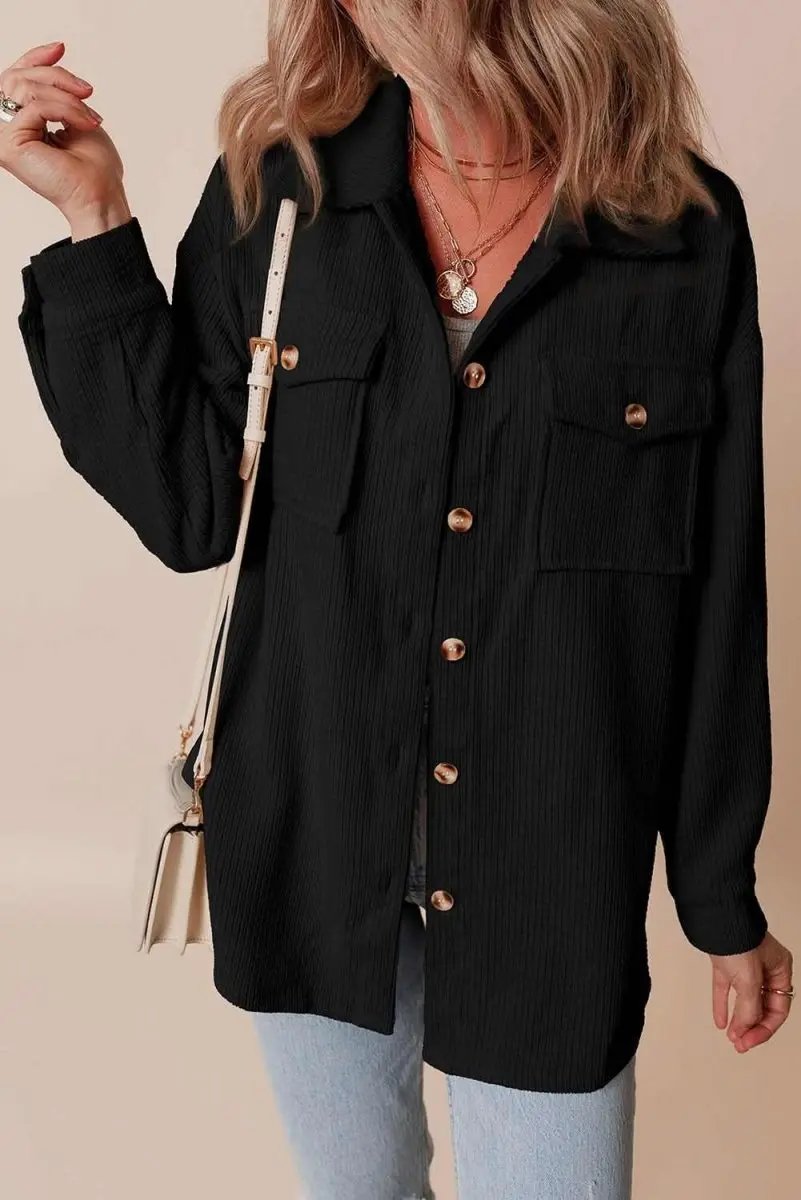 Black Corduroy Flap Pocket Button Up Shacket - Love Salve 