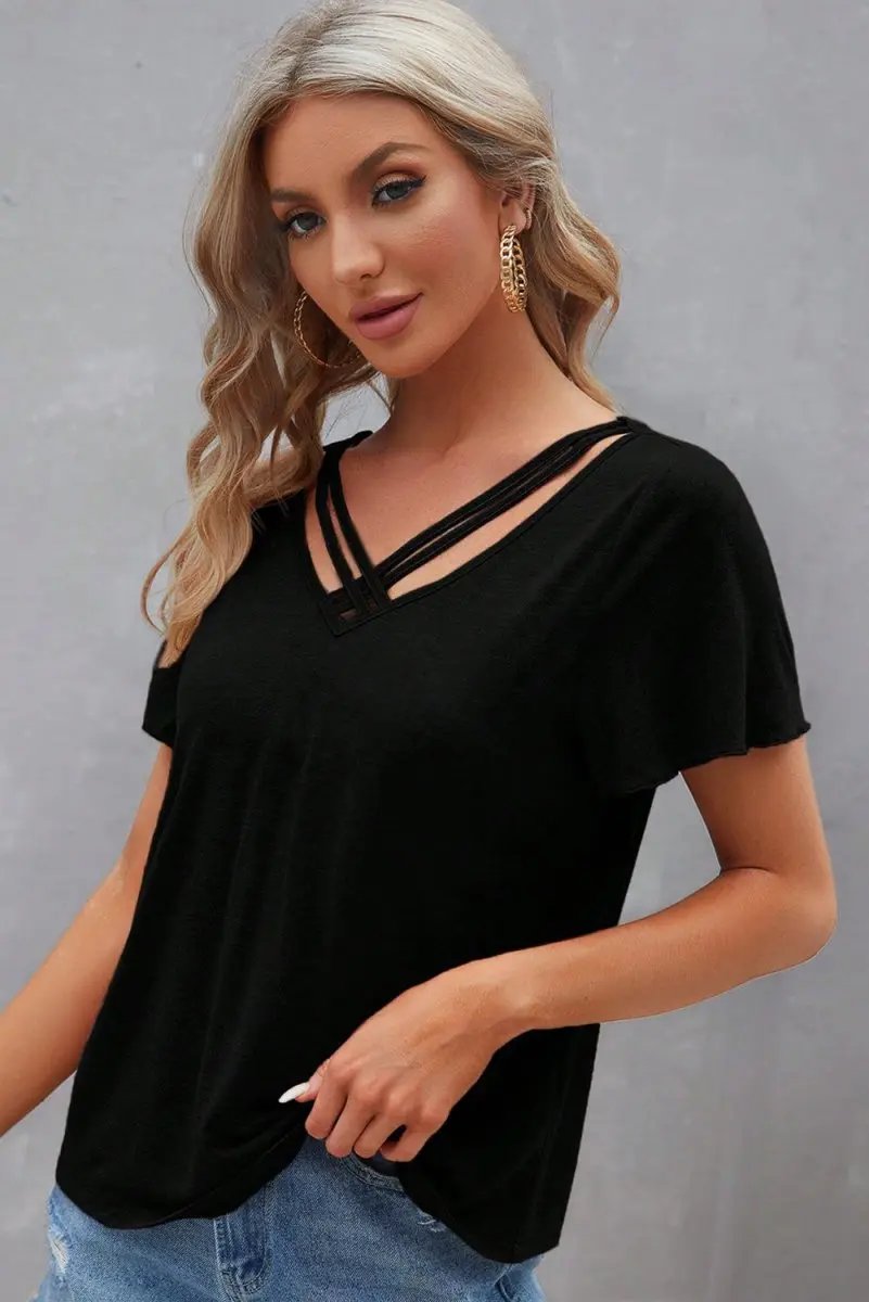 Black Crisscross V Neck Butterfly Sleeve T Shirt for Women - Love Salve 