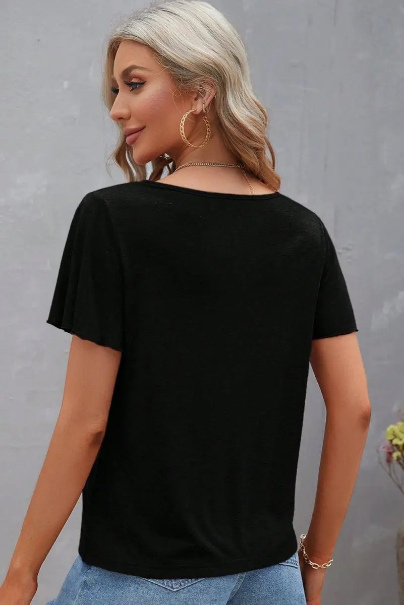 Black Crisscross V Neck Butterfly Sleeve T Shirt for Women - Love Salve 