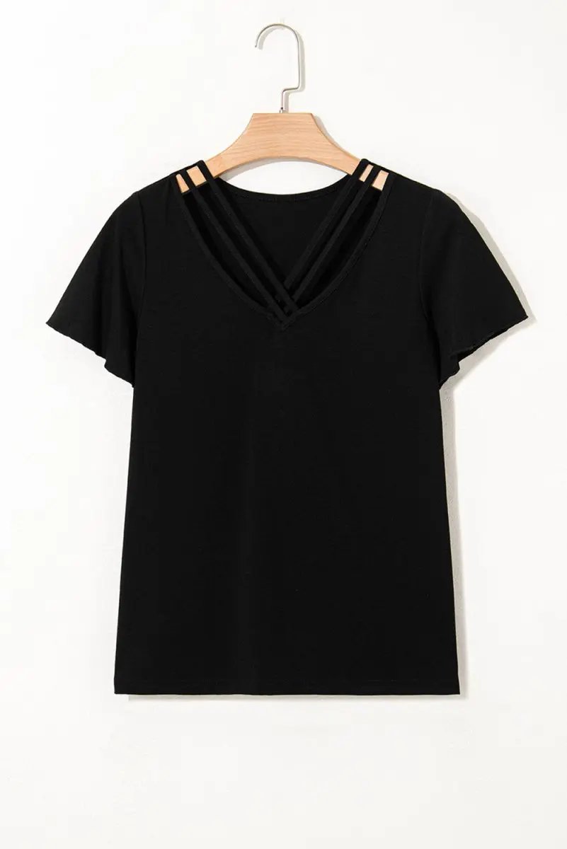 Black Crisscross V Neck Butterfly Sleeve T Shirt for Women - Love Salve 