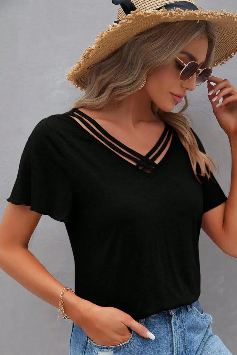 Black Crisscross V Neck Butterfly Sleeve T Shirt for Women - Love Salve 