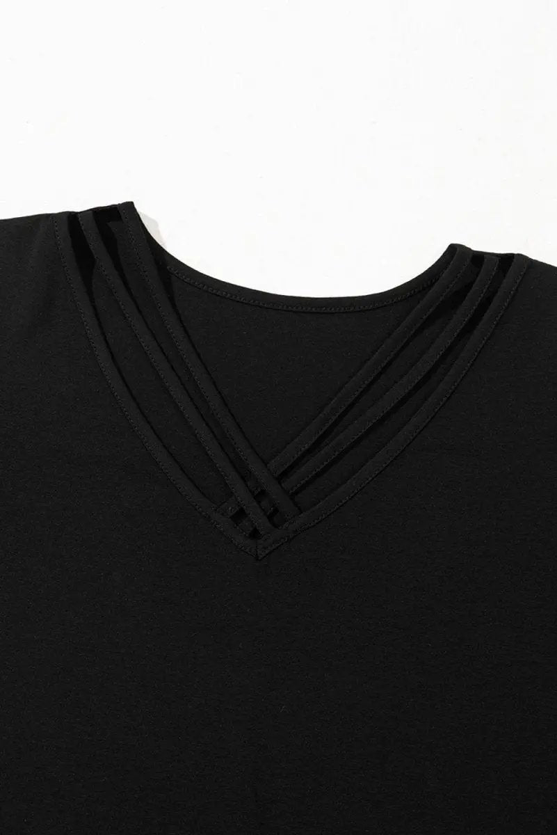 Black Crisscross V Neck Butterfly Sleeve T Shirt for Women - Love Salve 