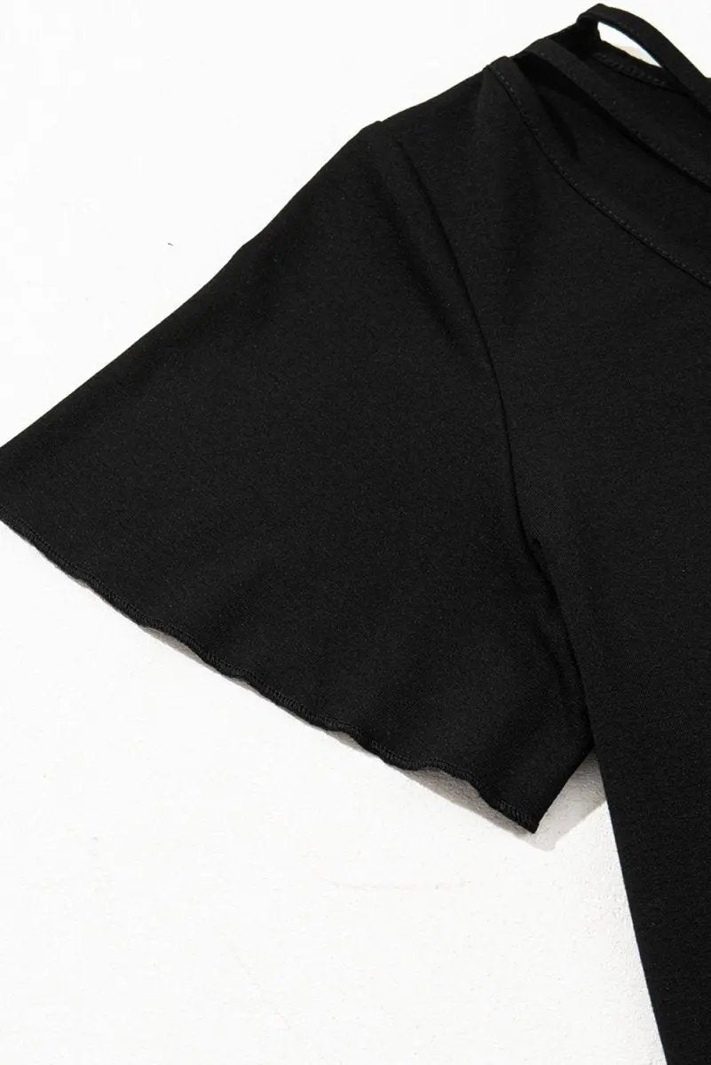 Black Crisscross V Neck Butterfly Sleeve T Shirt for Women - Love Salve 