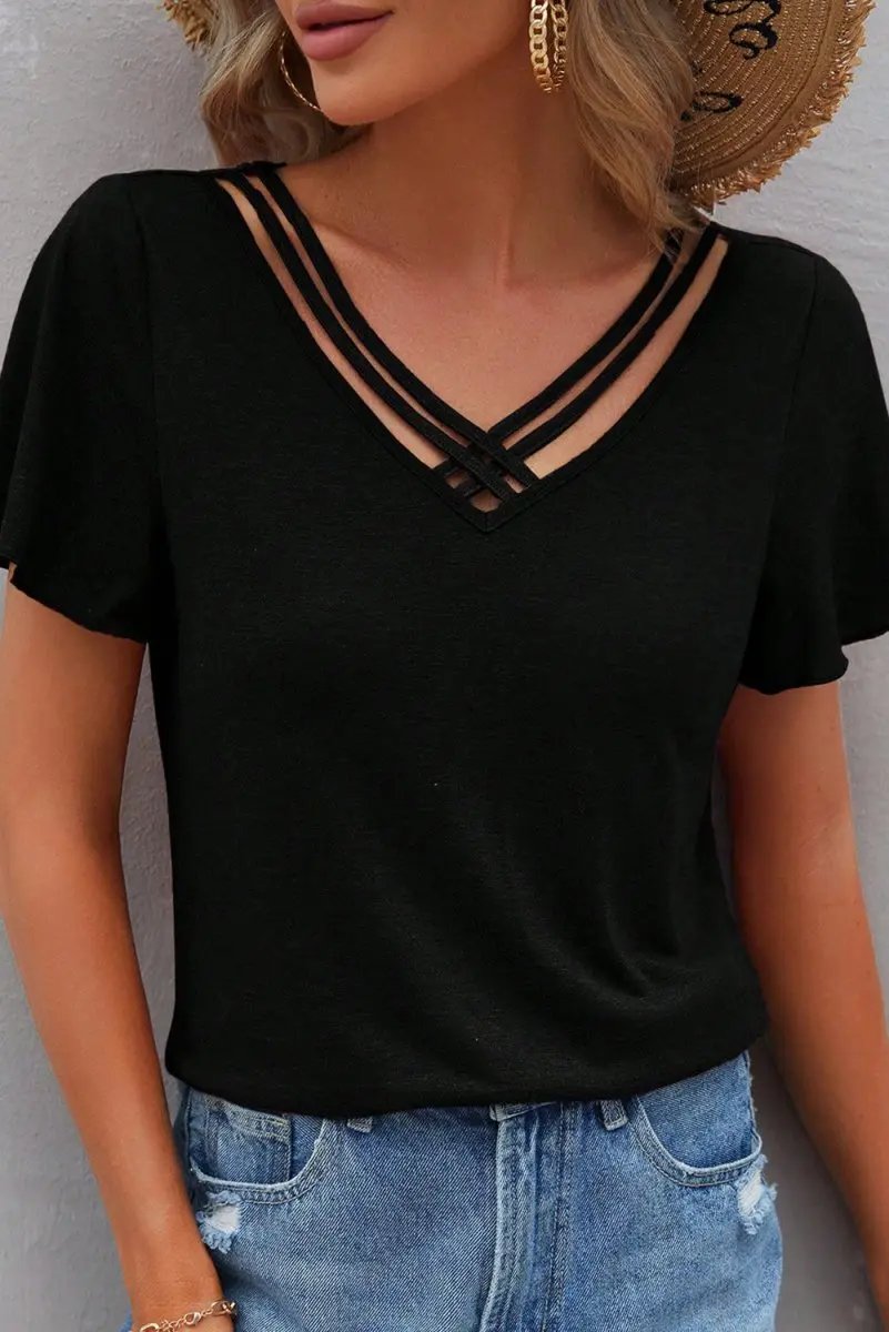 Black Crisscross V Neck Butterfly Sleeve T Shirt for Women - Love Salve 