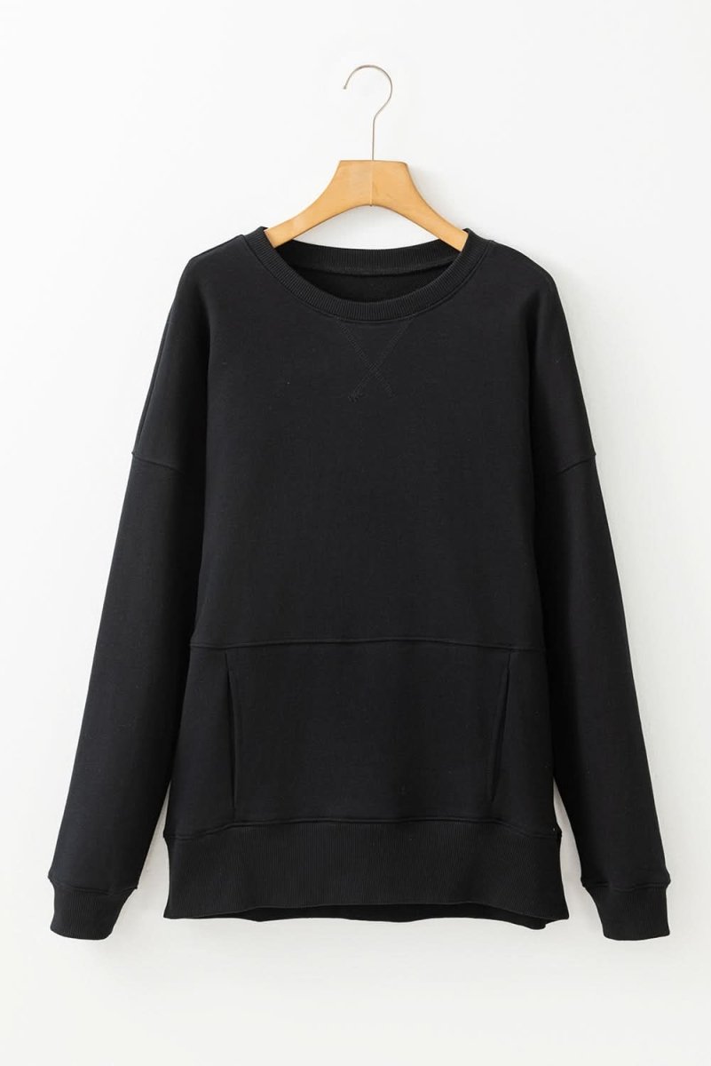 Black Drop Shoulder Crisscross Stitching Pocketed Loose Sweatshirt - Love Salve 