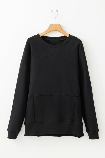 Black Drop Shoulder Crisscross Stitching Pocketed Loose Sweatshirt - Love Salve 