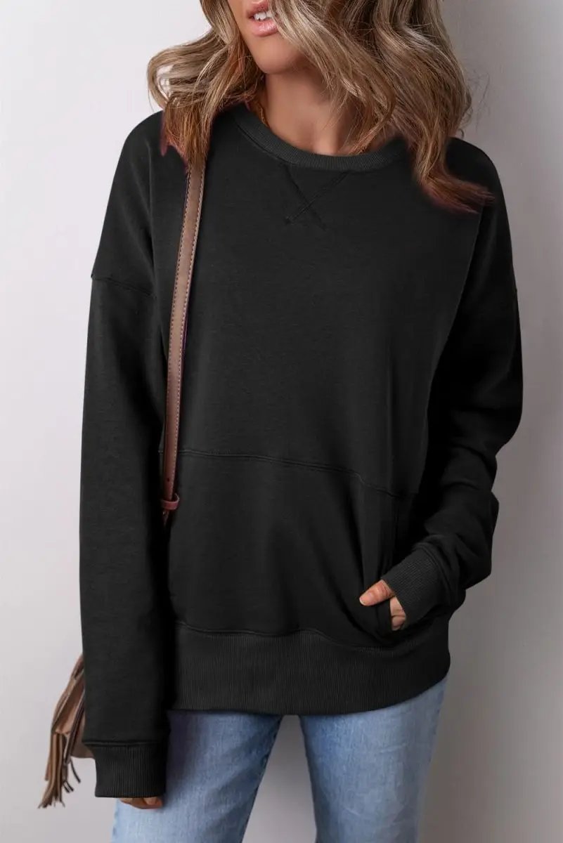 Black Drop Shoulder Crisscross Stitching Pocketed Loose Sweatshirt - Love Salve 