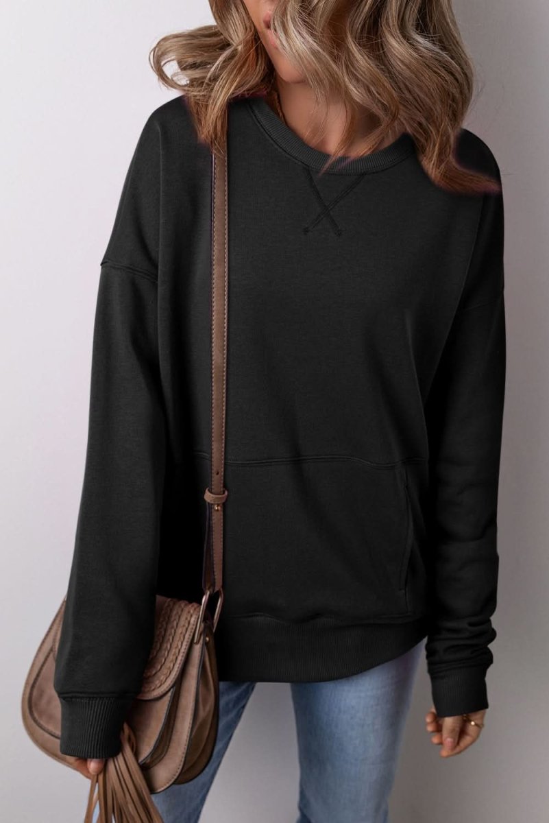 Black Drop Shoulder Crisscross Stitching Pocketed Loose Sweatshirt - Love Salve 