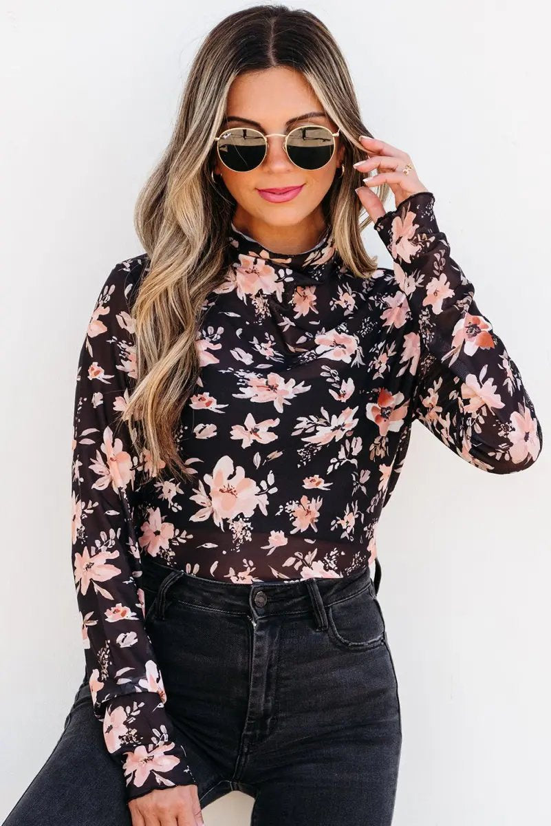 Black Floral Mesh Mock Neck Long Sleeve Slim Fit Top - Love Salve 