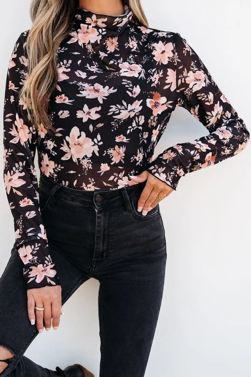 Black Floral Mesh Mock Neck Long Sleeve Slim Fit Top - Love Salve 