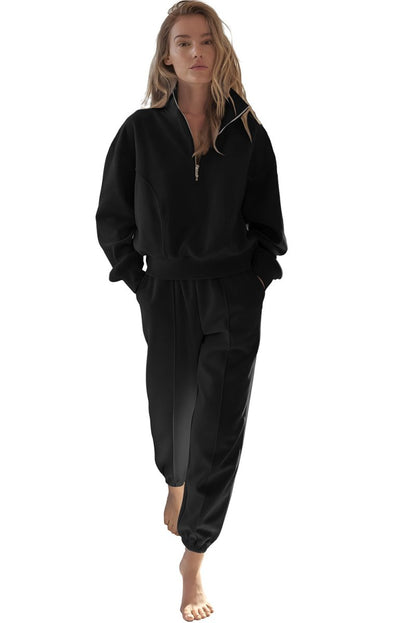 Black Half Zip Up Pullover Active Top and Joggers Set - Love Salve 