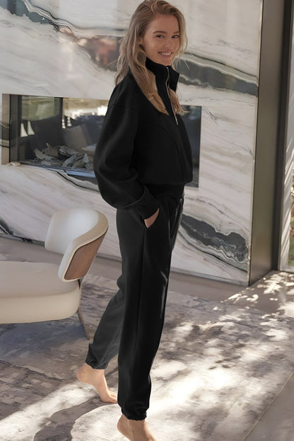 Black Half Zip Up Pullover Active Top and Joggers Set - Love Salve 