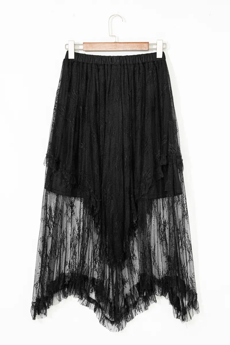 Black Lace Cascading Tiered High Waist Maxi Skirt Women - Love Salve 