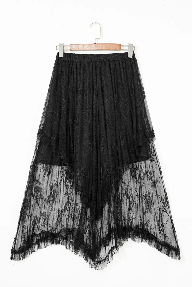 Black Lace Cascading Tiered High Waist Maxi Skirt Women - Love Salve 