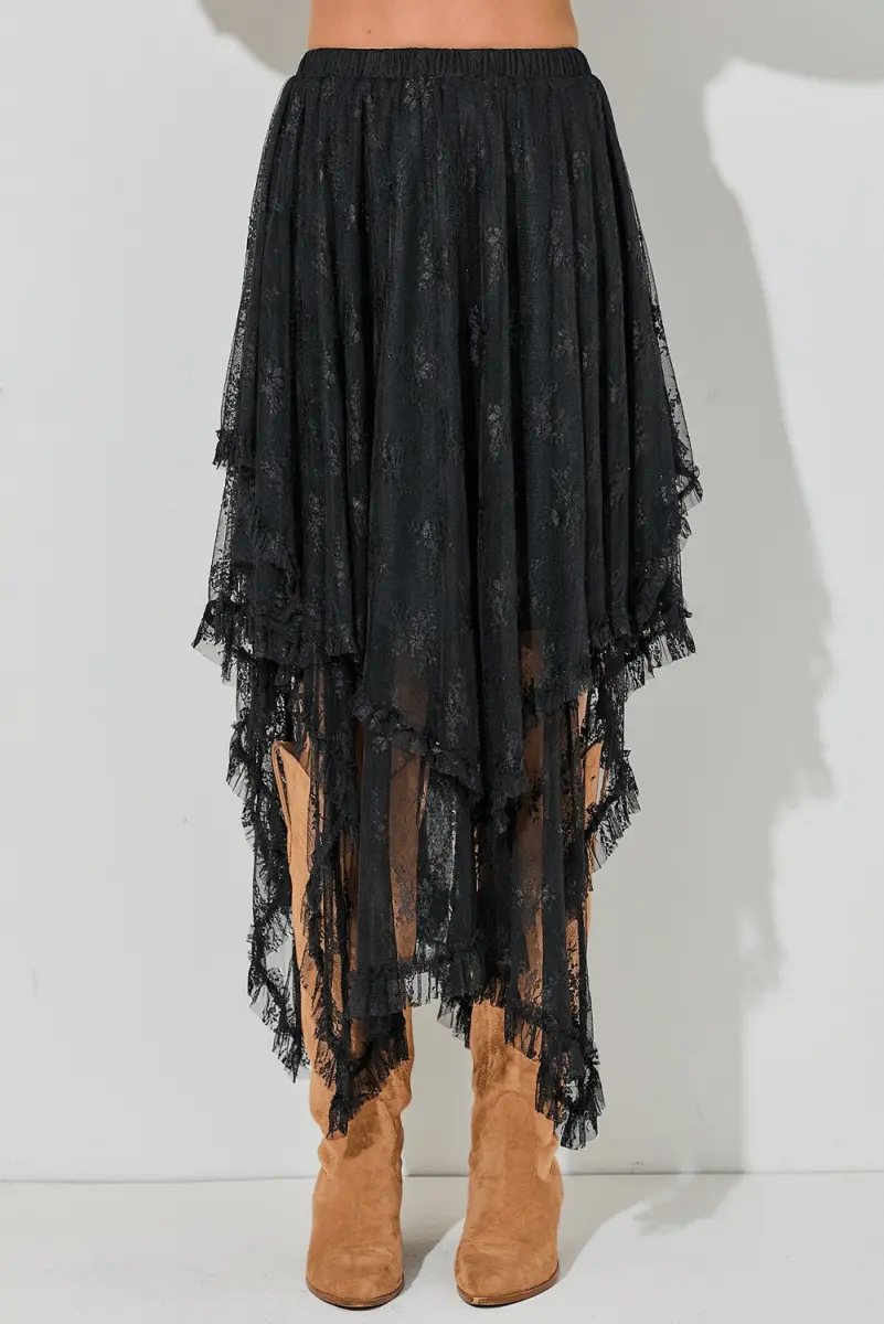 Black Lace Cascading Tiered High Waist Maxi Skirt Women - Love Salve 