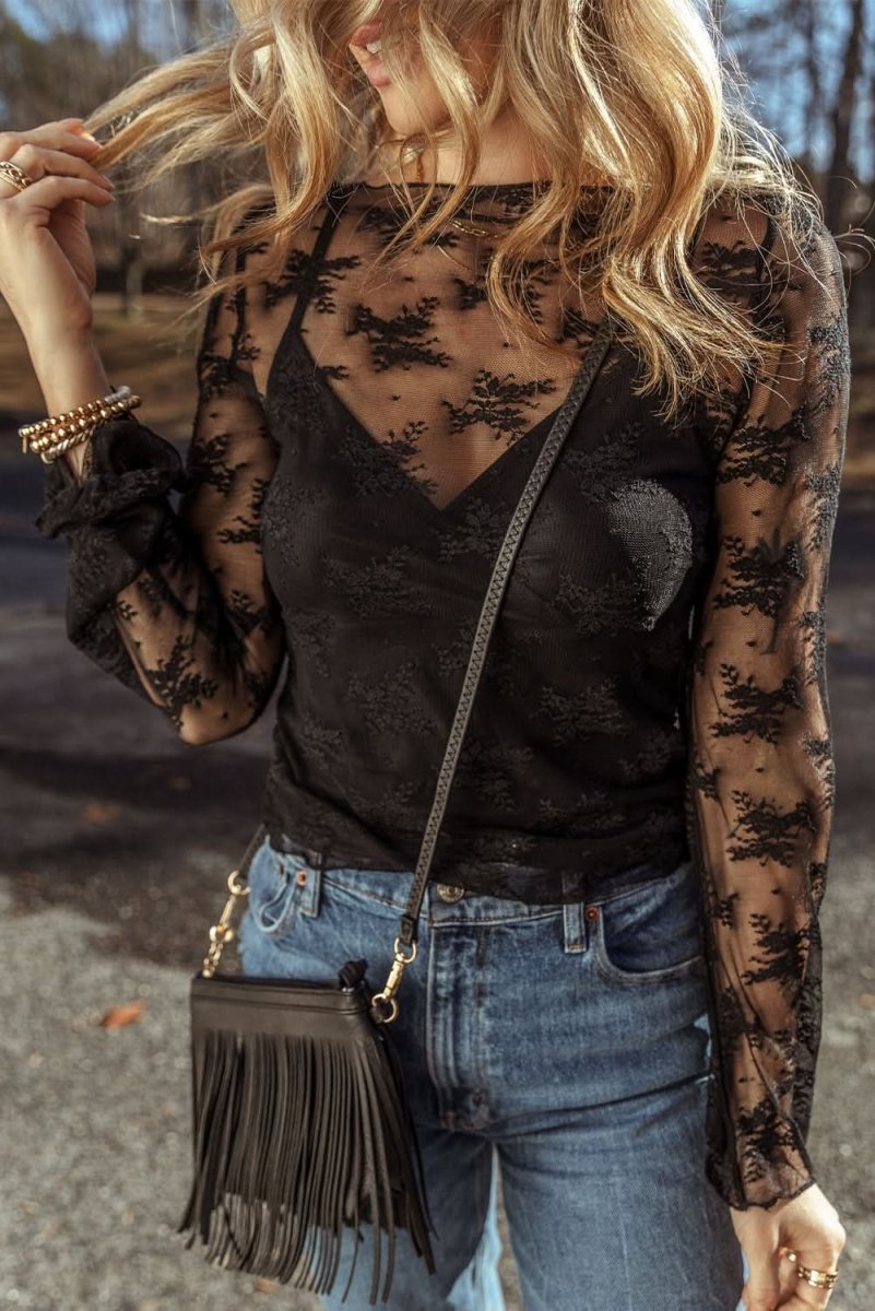 Black Lace Mesh Crochet Splicing Slim Fit Long Sleeve Blouse - Love Salve 