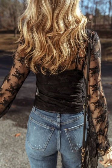 Black Lace Mesh Crochet Splicing Slim Fit Long Sleeve Blouse - Love Salve 