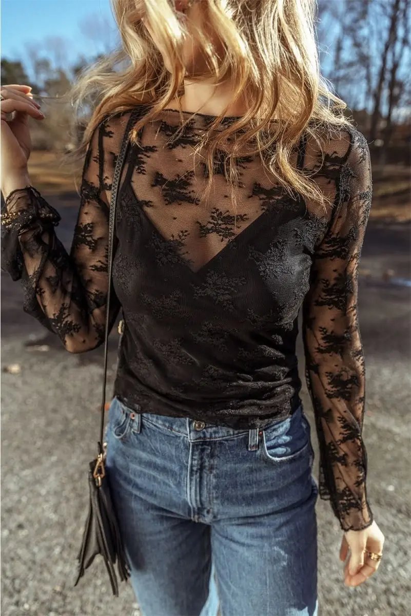 Black Lace Mesh Crochet Splicing Slim Fit Long Sleeve Blouse - Love Salve 