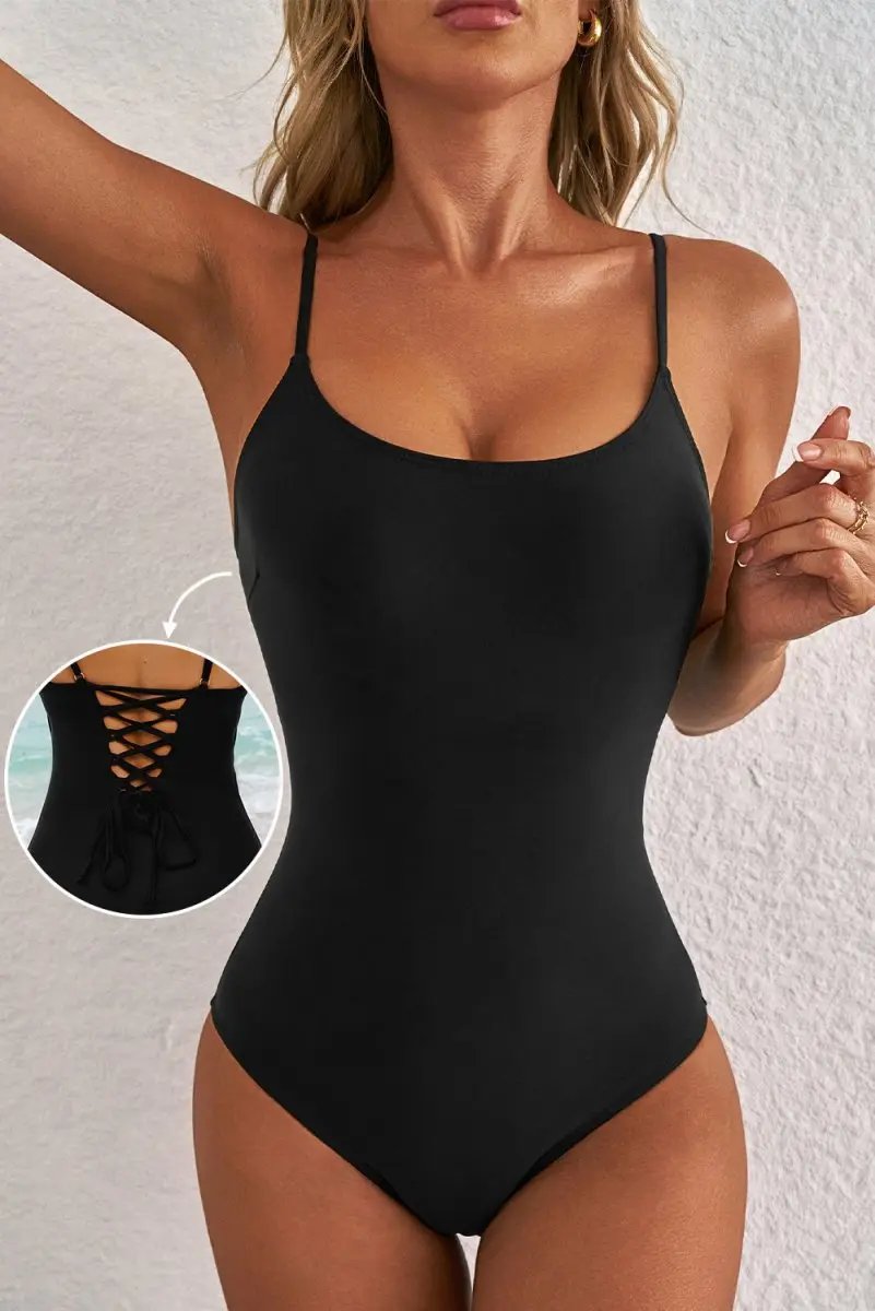 Black Lace-Up Back Strappy One-Piece Swimsuit with Thin Straps - Love Salve 