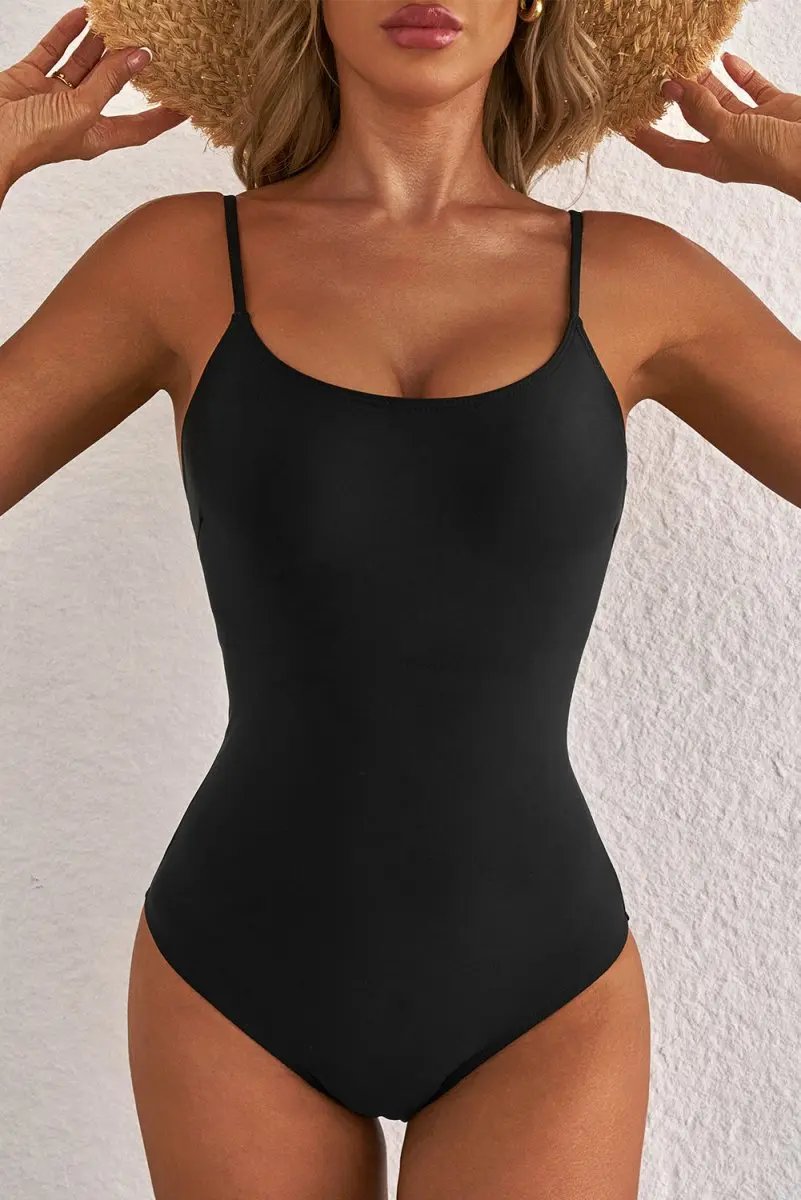 Black Lace-Up Back Strappy One-Piece Swimsuit with Thin Straps - Love Salve 